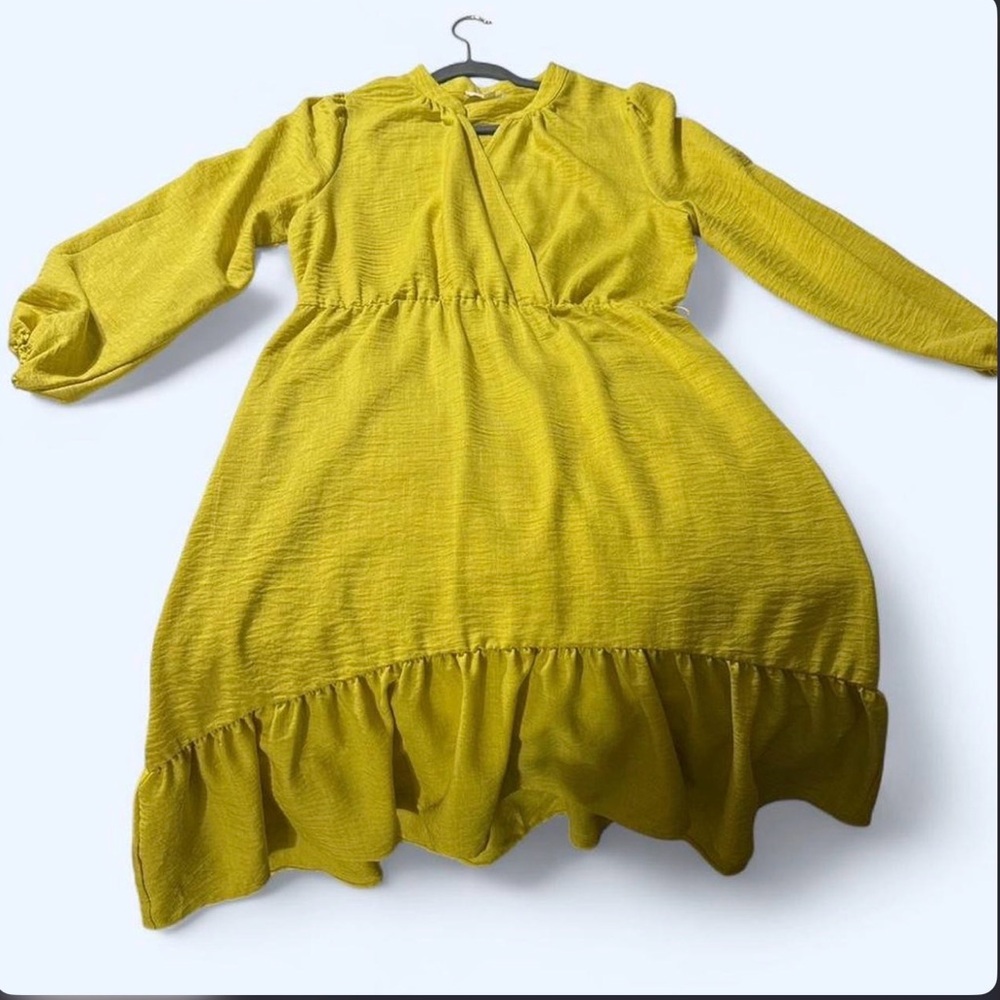 Zoey & Leelo Women’s Yellow Tiered Ruffle Midi Dress Size L Balloon Sleeve Boho